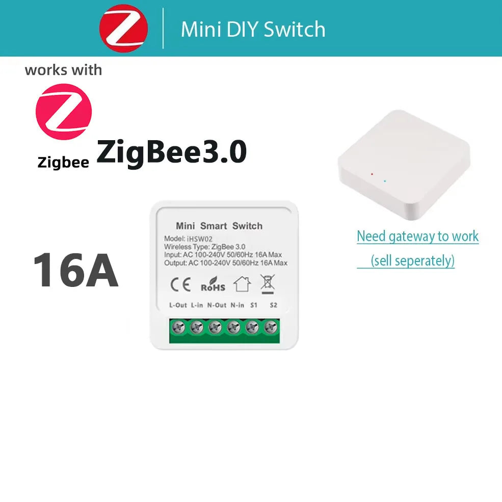 For Tuya Mini Smart WiFi Switch 16A Zigbee DIY Light Smart Switch Relay Breaker Automation Module 2-way Control Home Assistant