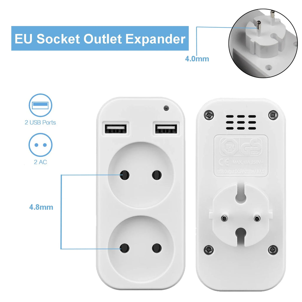 EU Plug Adapter Wall Outlet USB 1 To 2 Way European Standard Extender Socket With 2 USB Port Power Strip AC Convert Adaptor