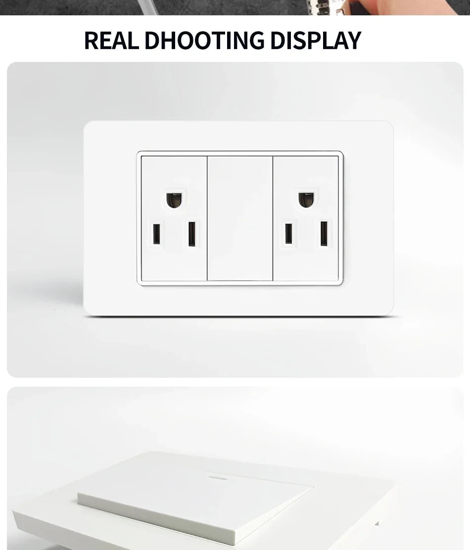 T&I 118*75mm Tempered Glass US Wall Socket White Thai USB Socket Plug with Dual USB Type-C Ports,Light Switch 110V