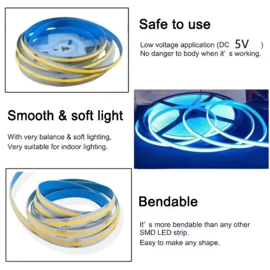 1-5M USB LED Strip Light 5V 320LEDs/M COB Touch Sensor Dimmable Lamp Tape DIY Mirror Backlight TV Kitchen Room Night Lighting