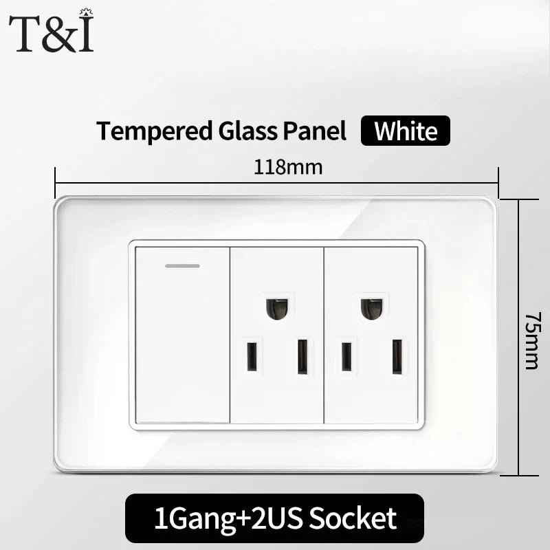 T&I 118*75mm Tempered Glass US Wall Socket White Thai USB Socket Plug with Dual USB Type-C Ports,Light Switch 110V