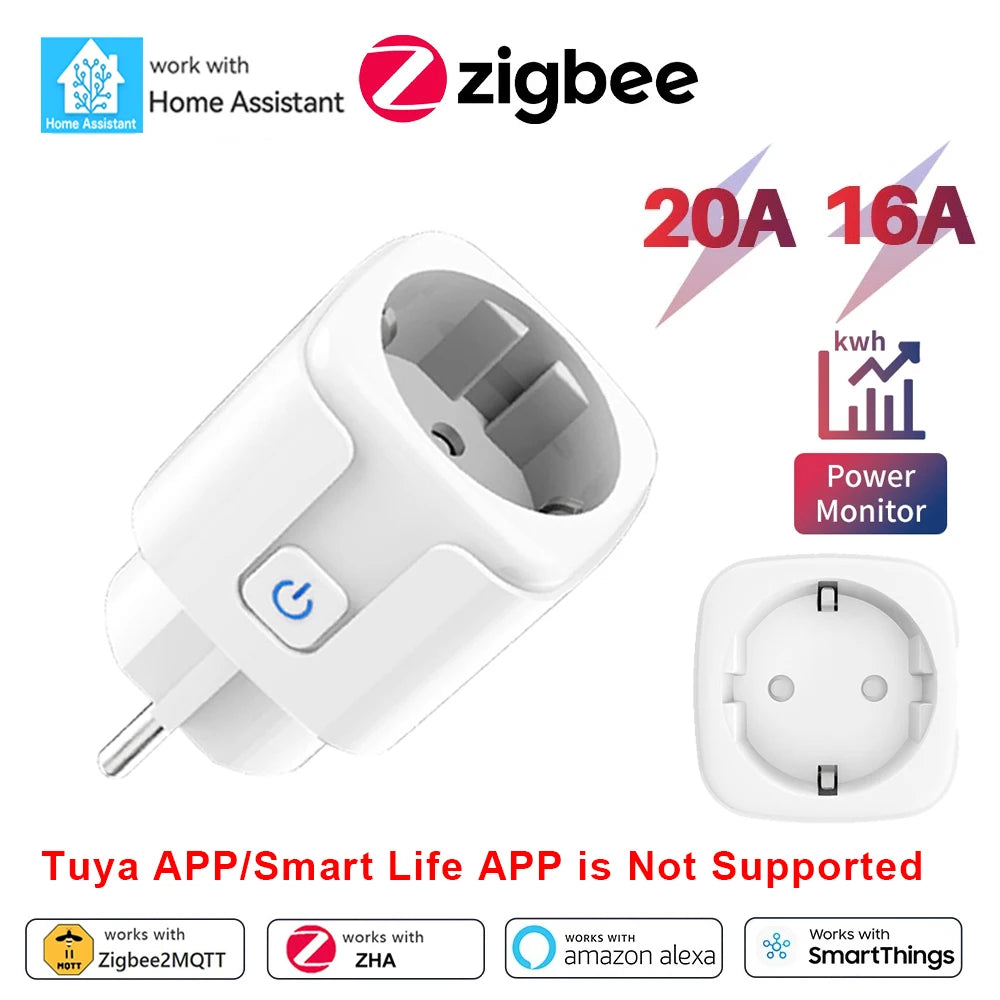 Home Assistant ZigBee Smart Plug 20A/16A EU Smart Socket with Power Monitor App Voice Control Works with Alexa Google Home Z2M