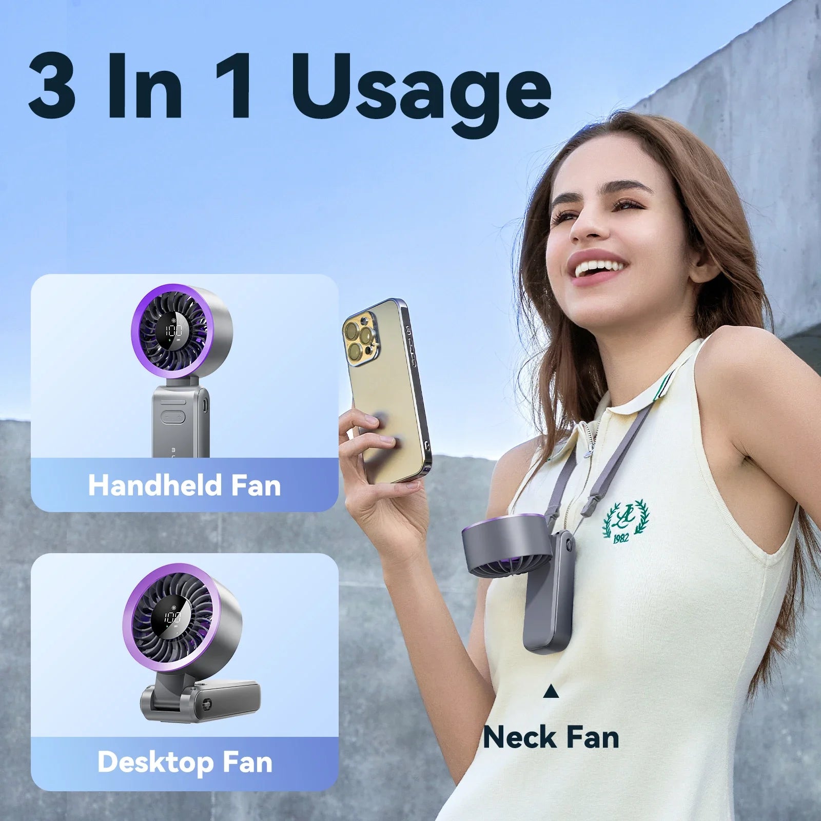 MUXNW 3 in 1 Portable Handheld Fan: Mini Personal Fan 3600mAh Rechargeable Foldable Turbo USB - Summer Beach Travel Cooling