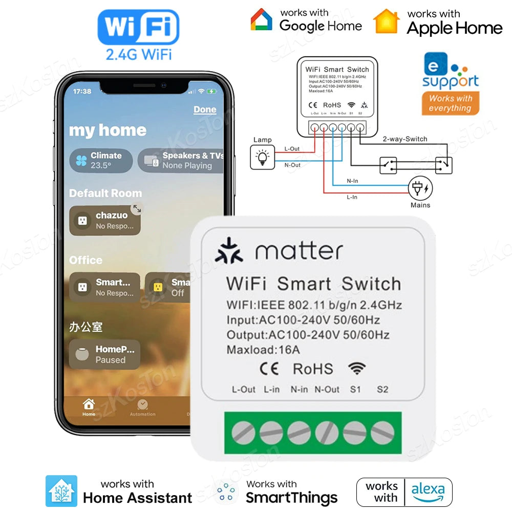 WiFi Matter Smart Switch Universal Breaker 16A Light Switch Smart Home Work with Homekit Alexa Google Assistant EWelink APP