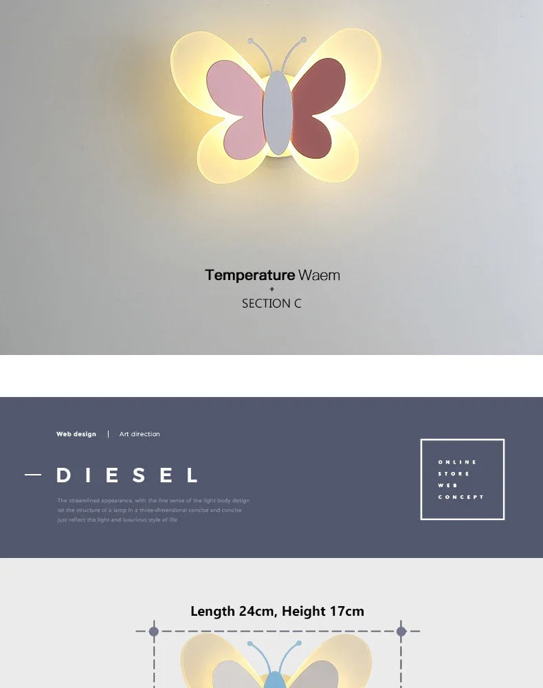 Modern LED Butterfly Wall Light For Bedroom Children's Room Bedside Wall Lamp Creative Personality Wall Decor Butterfly Sconce