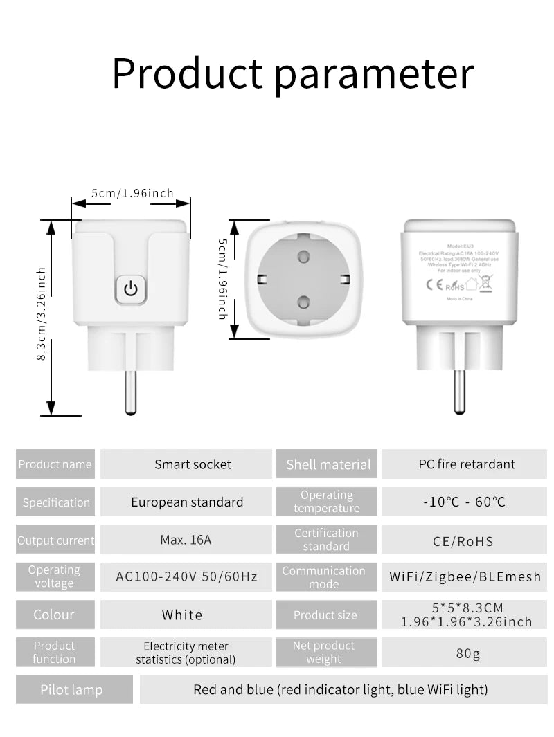Tuya WiFi Smart Plug (European Standard), compatible with Alexa and Google Assistant, with energy consumption monitoring