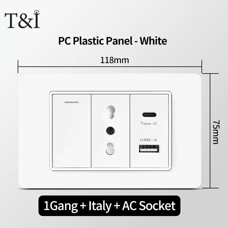 118 PC Plastic Panel Socket USB Type-C 20W Fast Charging Italy Chile Smart Wall Outlet Plug White Light Switch Home Office