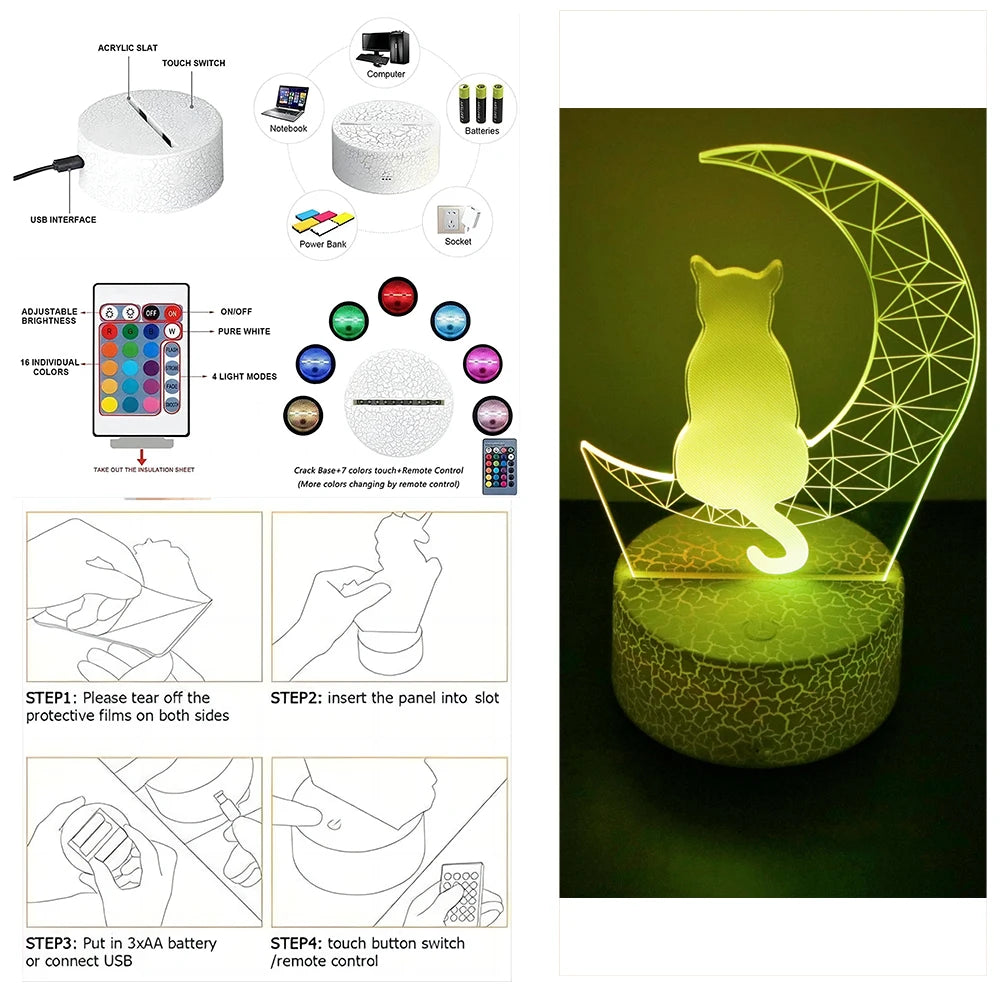 Cute Cat 3D Lamp LED Night Light Table Lamps Nightlight for Children's Lights Smart Touch Home Bedroom Desk Decor Birthday Gifts