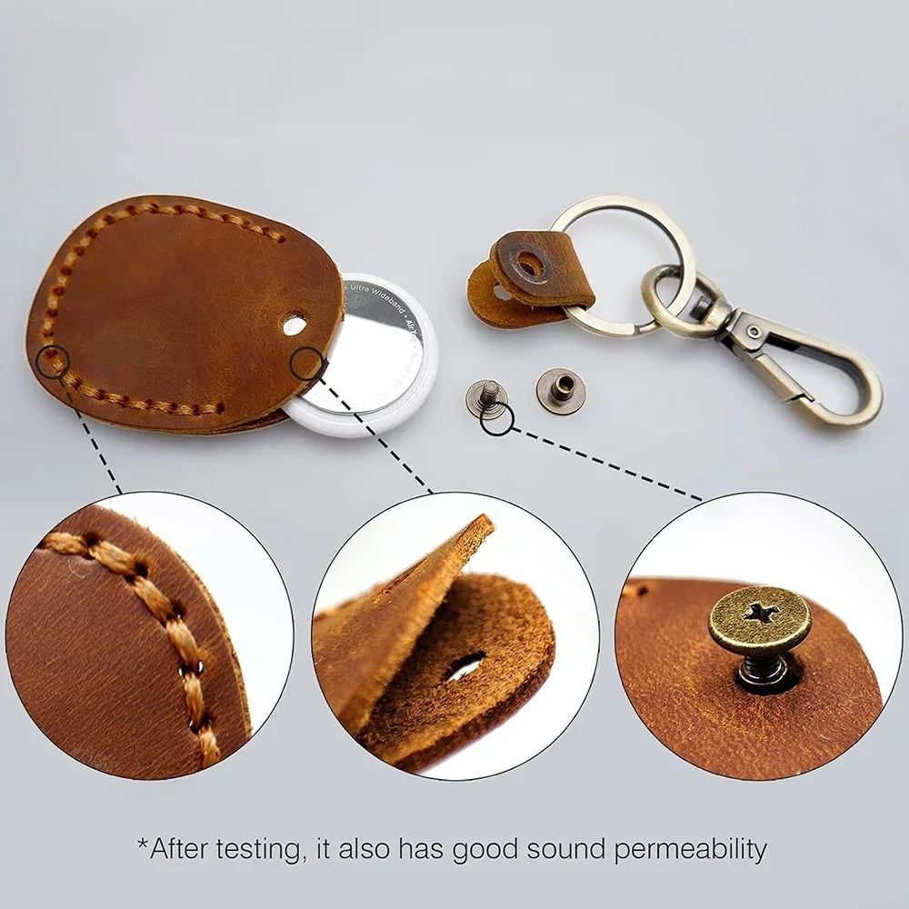 For Apple AirTag Portable Handmade PU Leather Holder Case with Keyring Full Coverage Protective Case Cover for AirTags Air Tag