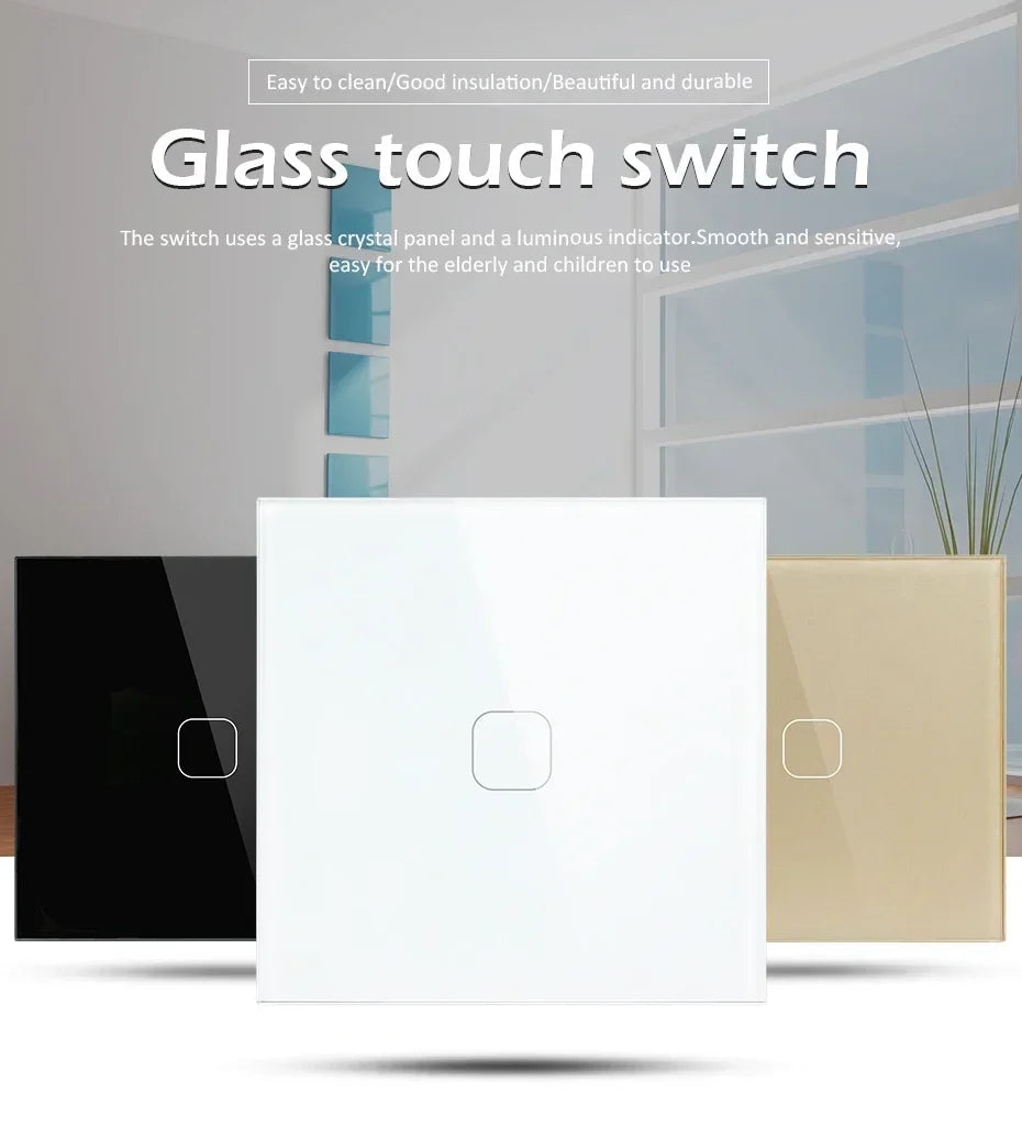 Touch Switch EU/UK Standard White Crystal Glass Panel Touch Switch, AC220V,1 Gang 1 Way, EU Light Wall Touch Screen Switch