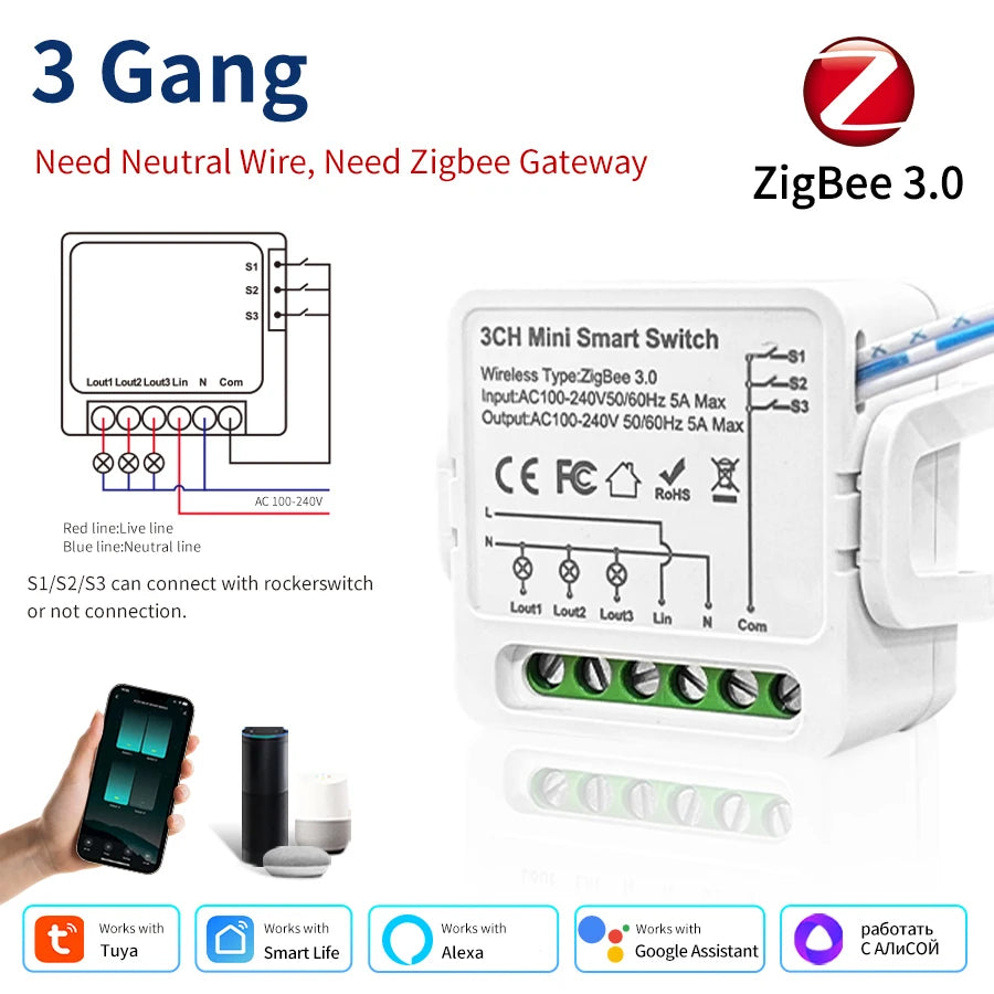 Tuya ZigBee Smart Switch Intelligent Remote Module AC100-240V 1/2/3CH Relay Breaker Smart Life App Works with Alexa Google Home
