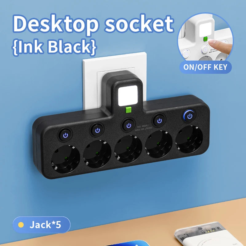 EU Plug Wall Mounted European Standard Socket Power Strip 5 AC Independent Switch With USB C Charging Network Filter Adapter