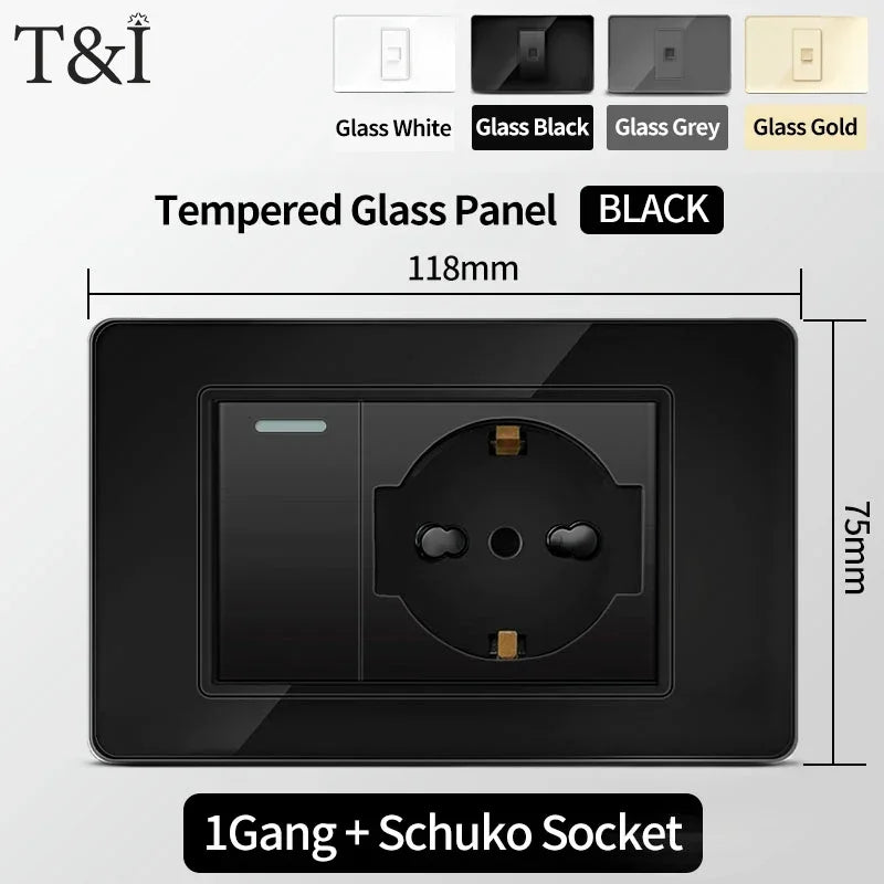118 Series Black Tempered Glass Wall Switch Socket Italy Standard 16A Outlet with USB Type-C 20W Fast Charging for Home Office