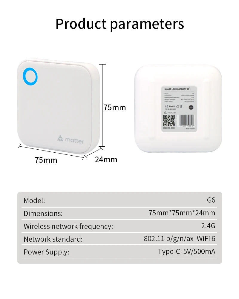 TTLOCK Matter Gateway G6 Bluetooth to Wifi Smart Home Hub 2.4G WiFi Compatible With TTlock App Apple Home Control for Door Locks