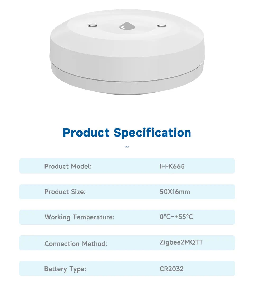 Zigbee Water Flood Sensor Leak Detector Home Security Alarm Remote Monitor Works with Home Assistant Zigbee2MQTT