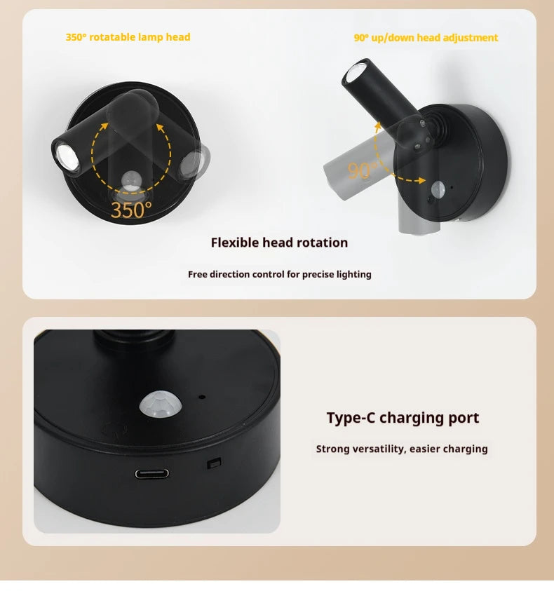 LED Light Magnetic Rechargeable Wall lamp Spotlight Atmosphere Light  No Punch Reading Light Touch Switch Dimmable Bedside Lamp