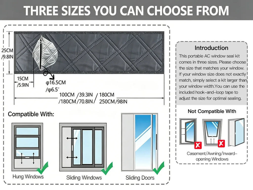 Padded Portable AC Window Seal Kit Silver Coated Sliding Window Vent Cloth for Air Conditioner Exhaust Hose Insulation