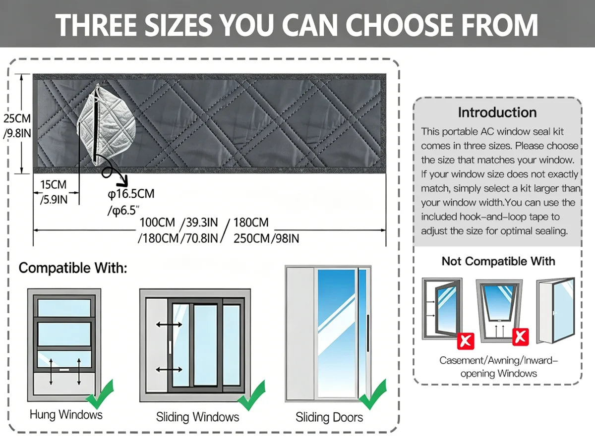 Padded Portable AC Window Seal Kit Silver Coated Sliding Window Vent Cloth for Air Conditioner Exhaust Hose Insulation