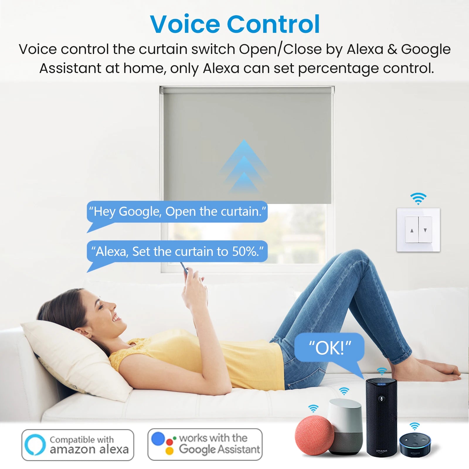 Wireless Roller Shutter Blinds Switch for Tubular Motors Percentage Progress Tuya Smart Life App Remote Control Google Assistant
