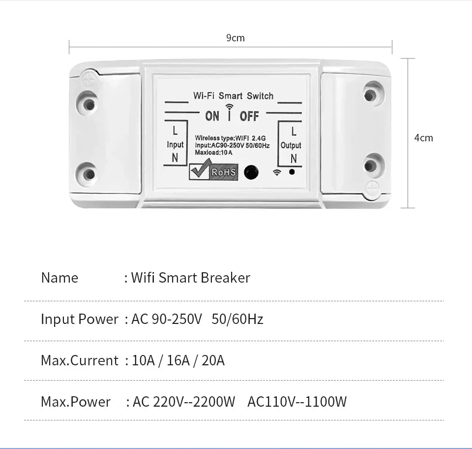 20A/16A/10A WIFI Switch Smart Home Automation Relay Module Wireless Control Switch Relay Breaker Voice Control Work Alexa Google