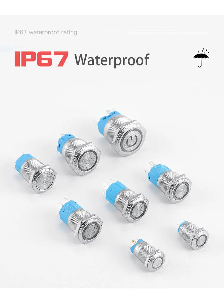 12mm 16mm 19mm 22mm metal push button on off switch power LED light Waterproof Flat circular button 3v 6v 12v 24v 110v 220v ip65