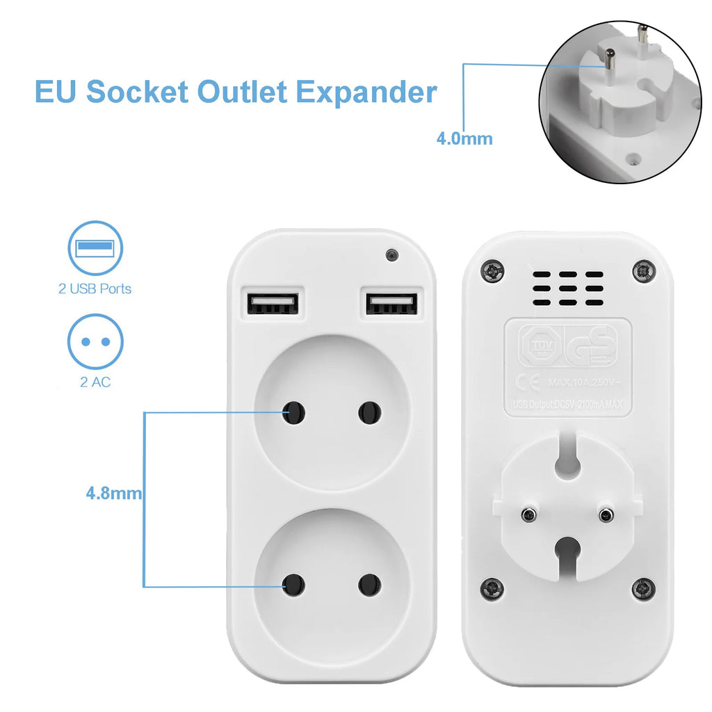 EU Plug Adapter Wall Outlet USB 1 To 2 Way European Standard Extender Socket With 2 USB Port Power Strip AC Convert Adaptor