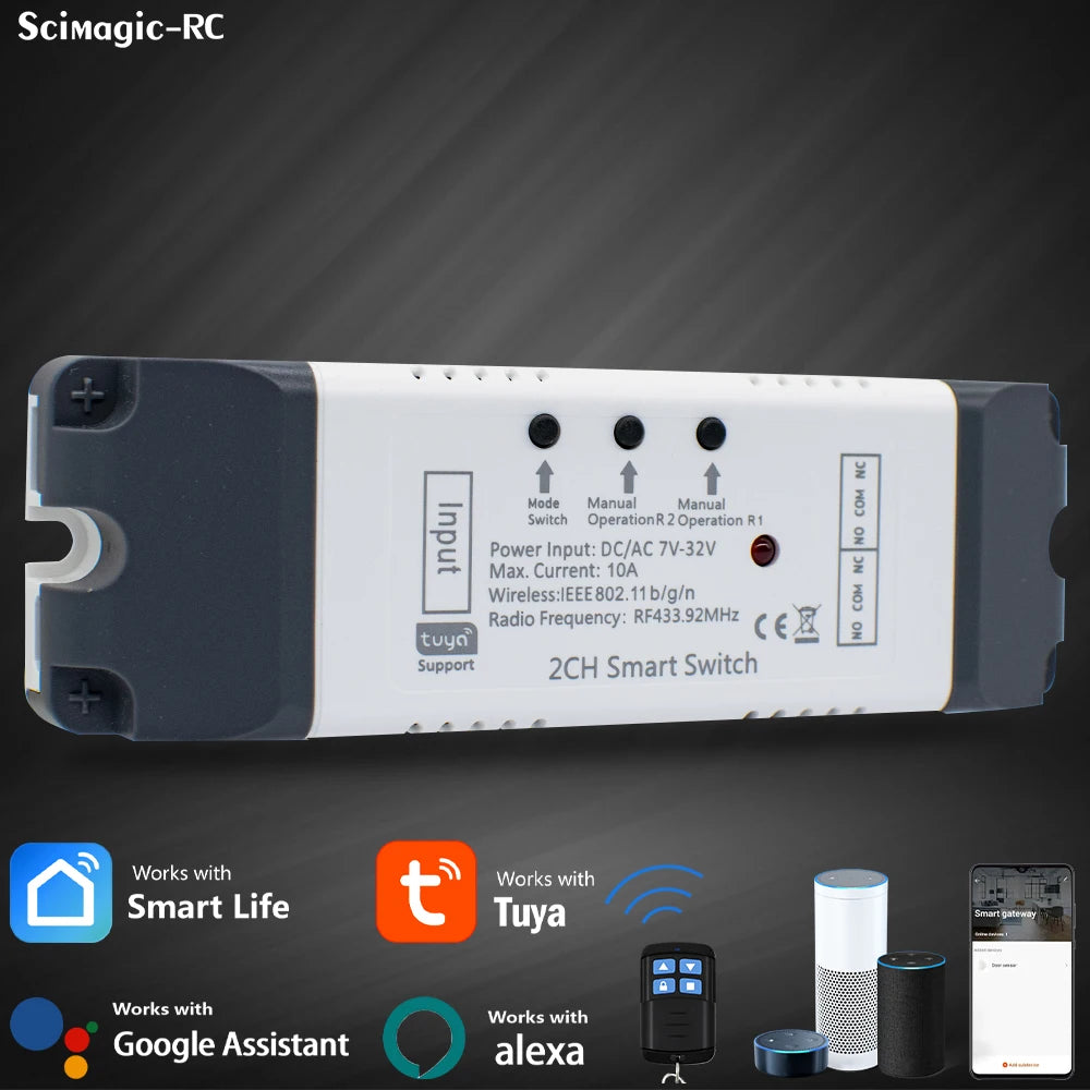 Tuya Wifi Smart Switch Electric Linear Actuator Motor Controller,DC AC 12V 24V 32V,110V 220V RF433 Remote,2CH Pulse Module Relay