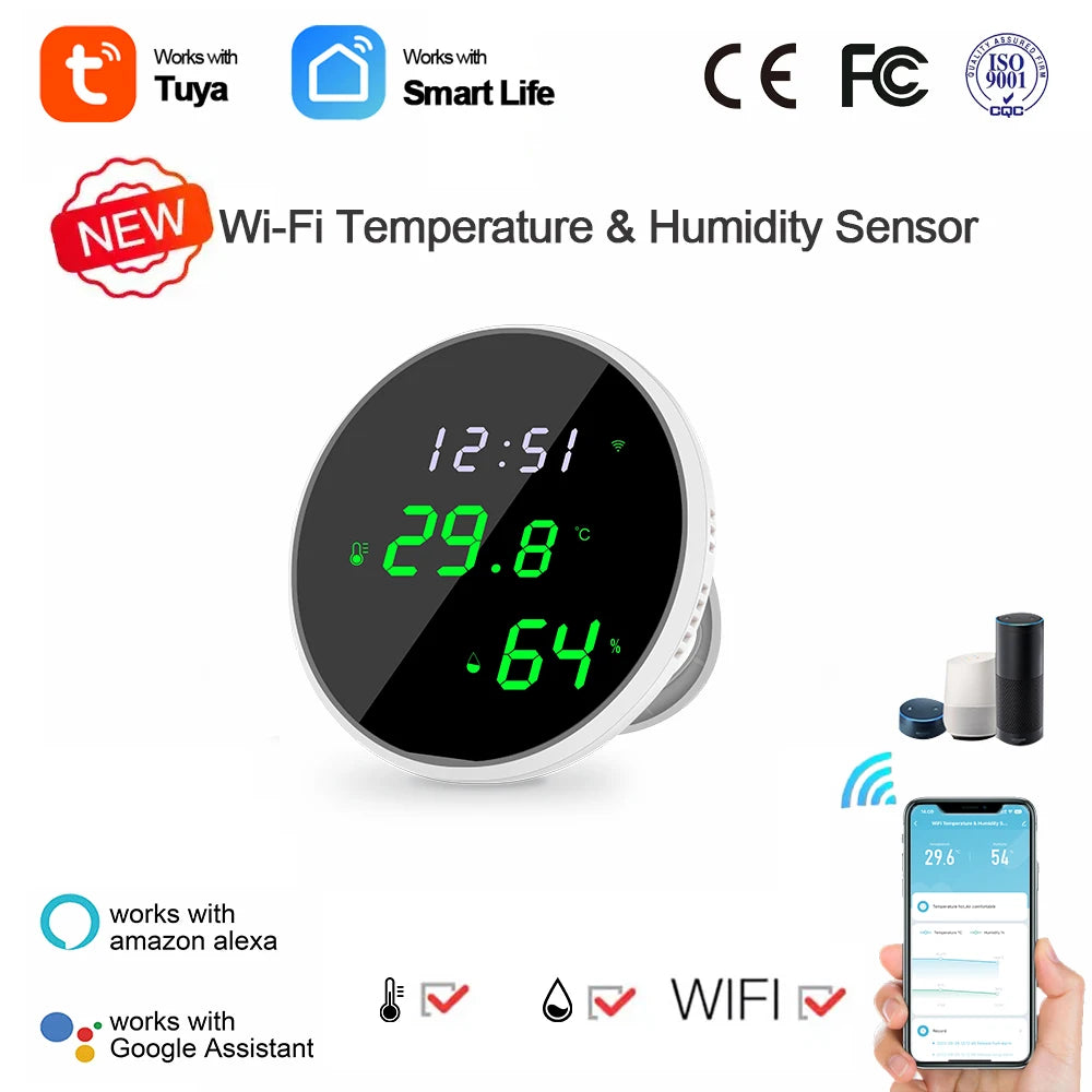 Tuya USB Smart Temperature Humidity Sensor WiFi APP Remote Monitor for Smart Home Smart Life, Works With Alexa, Google Assistant