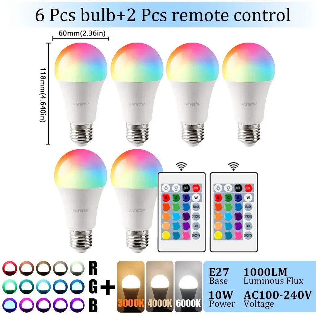 E27 Base RGB LED Bulb 24 Key Remote Control Dimmable 10W AC220V 110V Colorful Change For Bedroom Living Room Desk Lamp