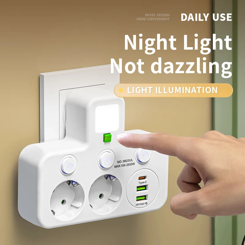 EU Plug Wall Mounted European Standard Socket Power Strip 5 AC Independent Switch With USB C Charging Network Filter Adapter