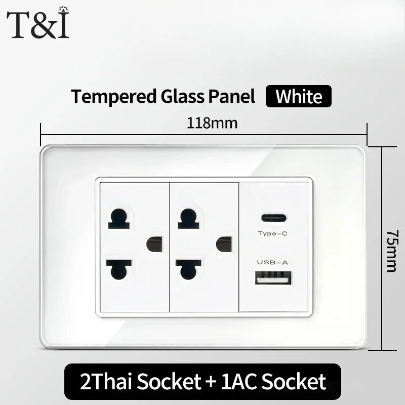 T&I 118*75mm Tempered Glass US Wall Socket White Thai USB Socket Plug with Dual USB Type-C Ports,Light Switch 110V