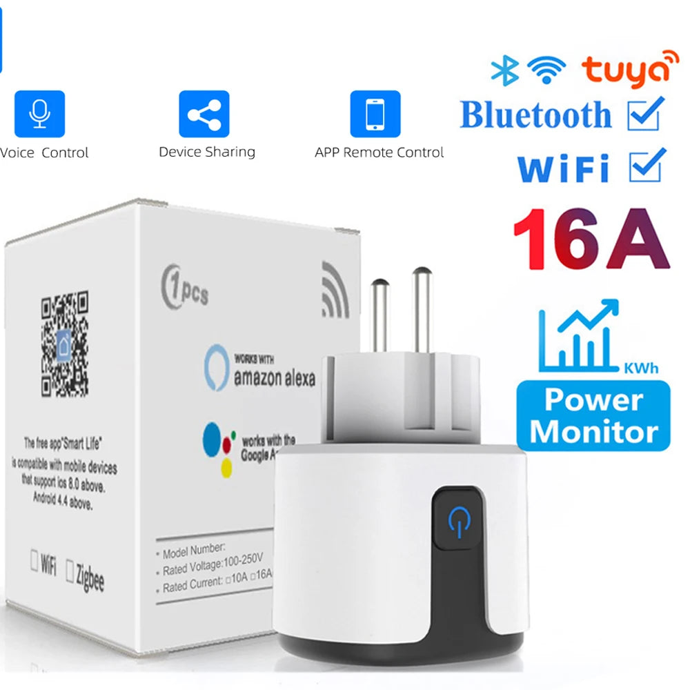 Tuya WiFi Smart Plug 16A/20A EU Smart Socket With Power Monitoring Timing Function Smart Life APP Voice Control Via Alexa Google