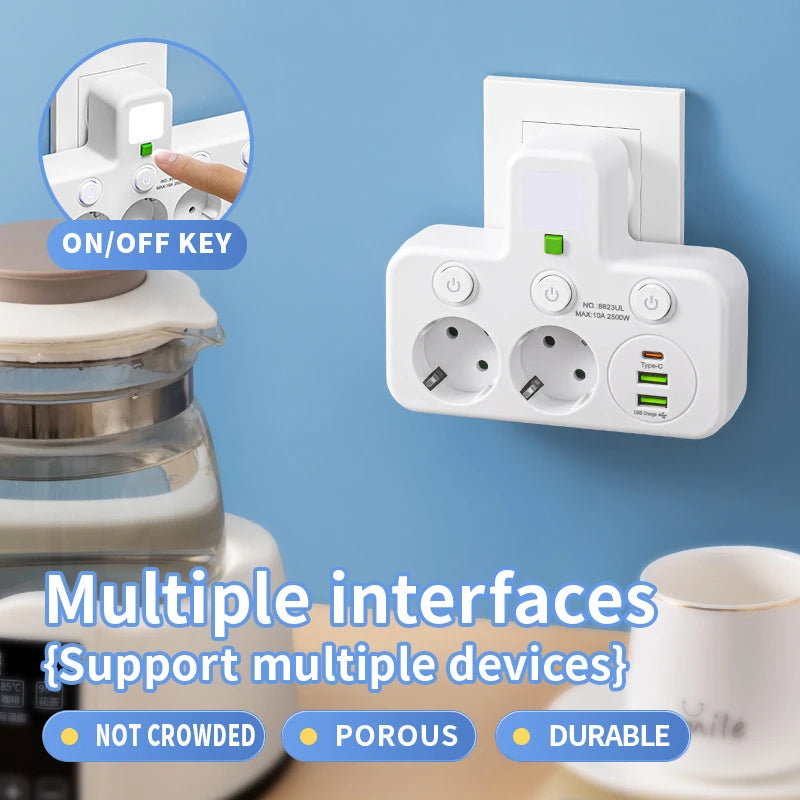 EU Plug Outlet 2-6 Sockets Electrical Socket No Extension Cord With or without it USB Type-C Ports Two specifications