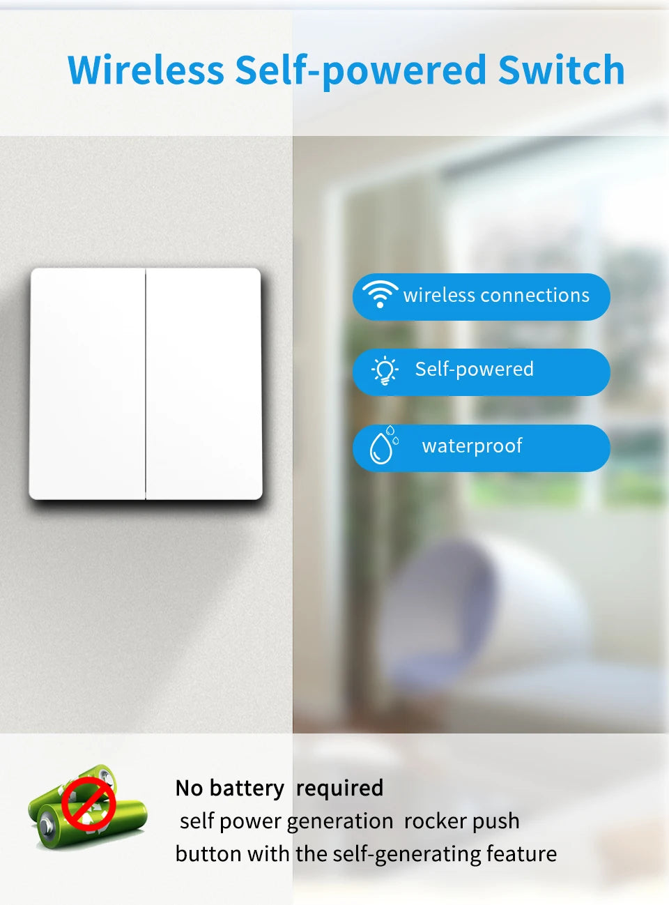 RF433 Self-Powered Wireless Light Switch, Kinetic Energy No Battery,Long Range Wall-Penetrating Signal, Easy Retrofit for Home