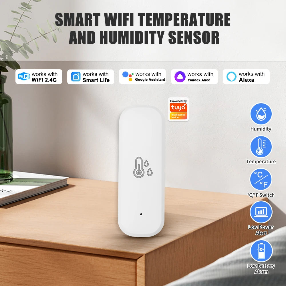Tuya WiFi Temperature and Humidity Sensor Smart Life Monitoring Battery-Powered Home Automation Compatible with Alexa