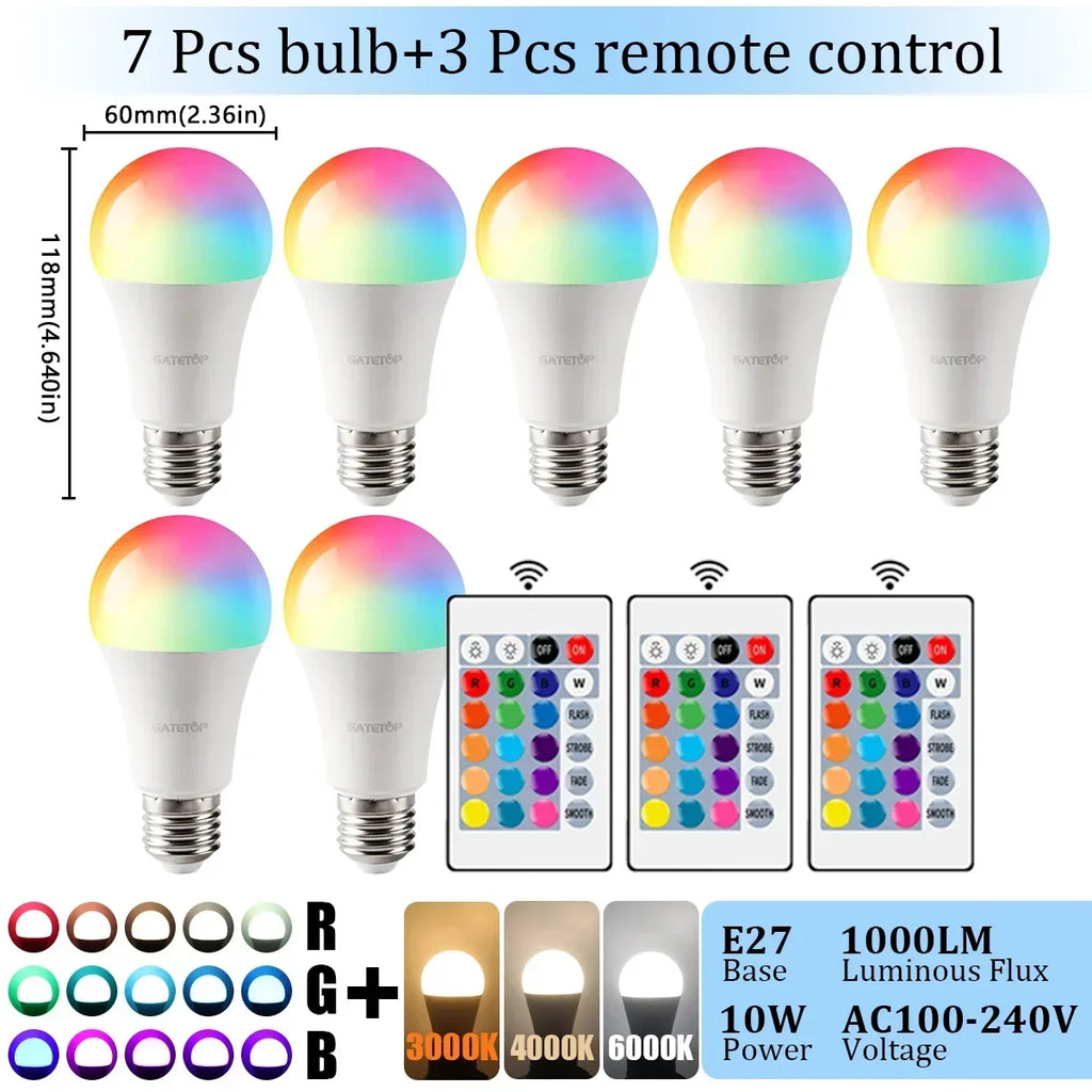 E27 Base RGB LED Bulb 24 Key Remote Control Dimmable 10W AC220V 110V Colorful Change For Bedroom Living Room Desk Lamp