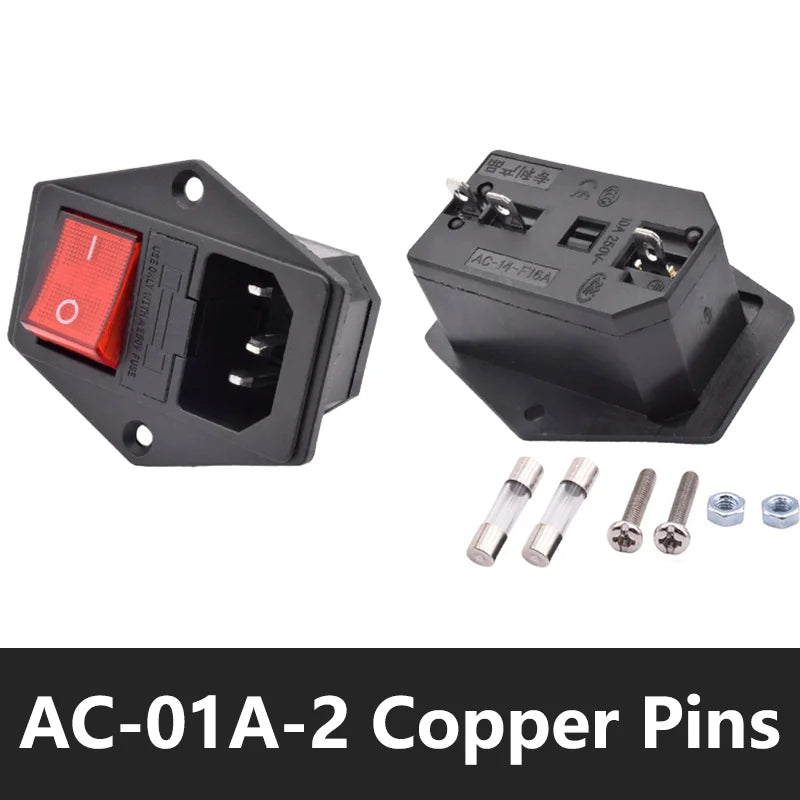 C13 C14 Electrical Power Socket Computer Mount Outlet 3 Pin IEC320 LED Rocker Switch Brass 10A Fuse Inlet Plug Connector 250v