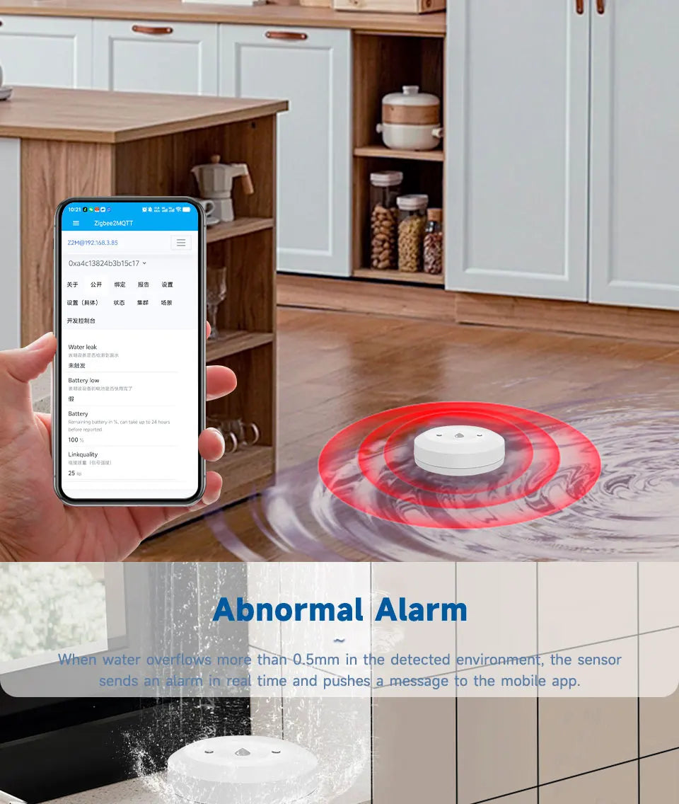 Zigbee Water Flood Sensor Leak Detector Home Security Alarm Remote Monitor Works with Home Assistant Zigbee2MQTT