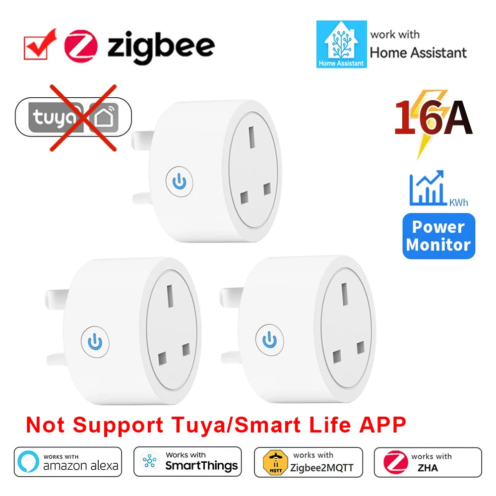 Home Assistant ZigBee Smart Plug 16A Smart Home Outlet UK Socket with Power Monitor Function APP Control Supports Alexa Z2M ZHA