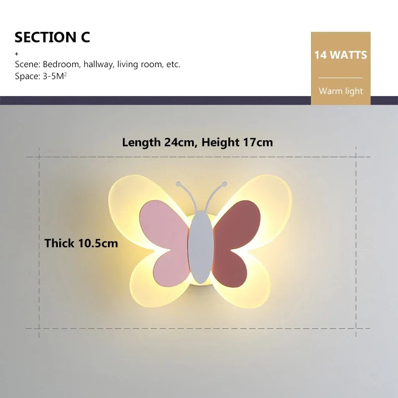 Modern LED Butterfly Wall Light For Bedroom Children's Room Bedside Wall Lamp Creative Personality Wall Decor Butterfly Sconce