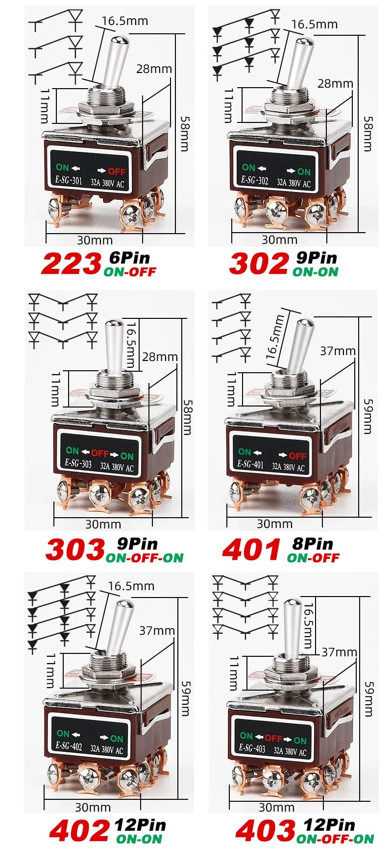 2/3/4/6/8/9/12Pin E-SG Toggle Switch 32A 250VAC Rocker Switch Self-Locking E-SG Power Switch with Brass Screw Foot Pin