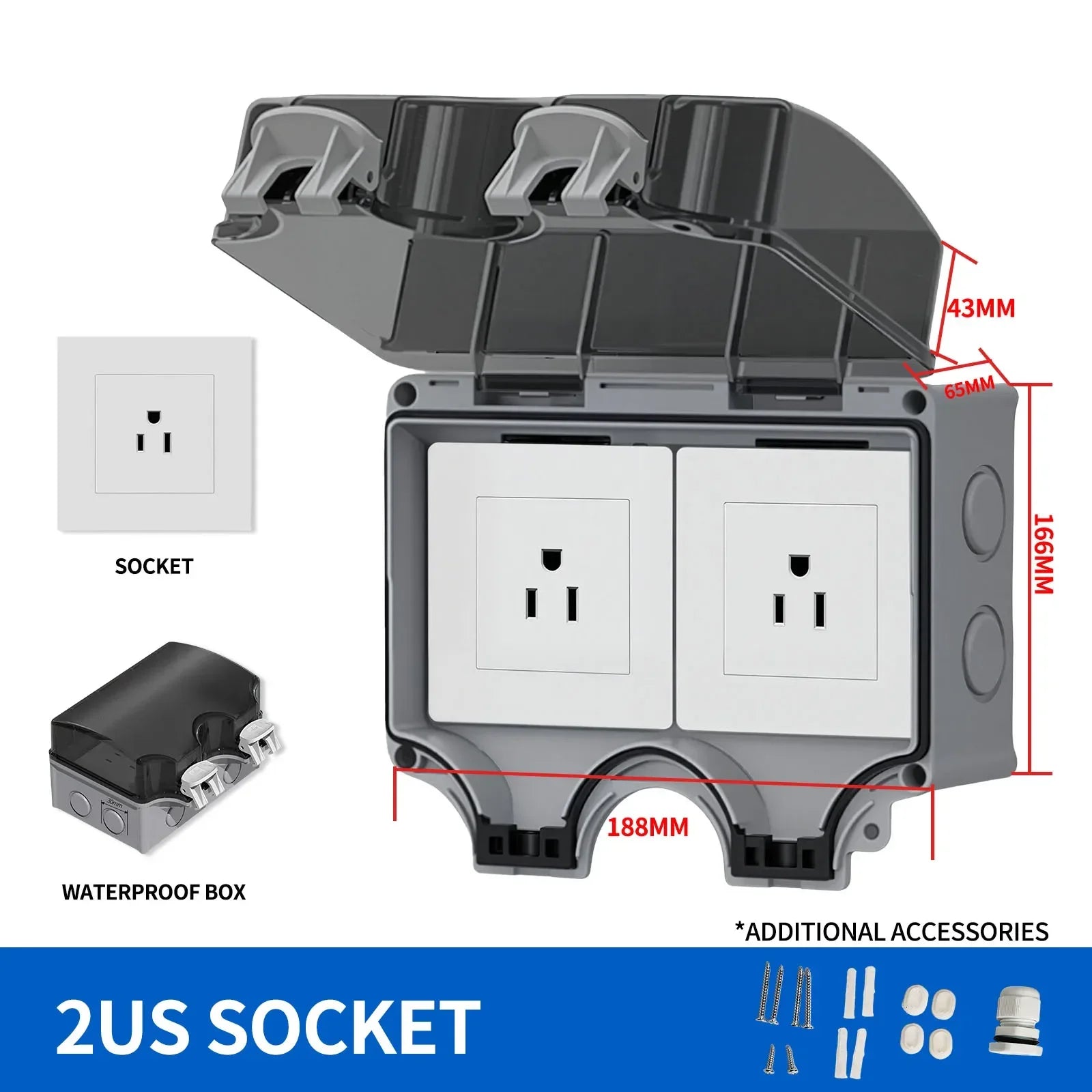 EU Socket IP66 Weather Dustproof Outdoor Plug Wall Socket Outlet Double Socket for Garden Garage Use Waterproof Box