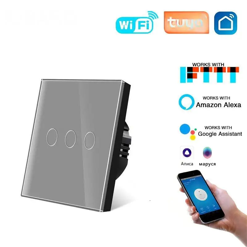 Tuya WiFi Smart Touch Switch 1/2/3/4 Gang 2-Way Control EU Glass Panel Light Switch Neutral Wire Alexa Google Voice Control Time