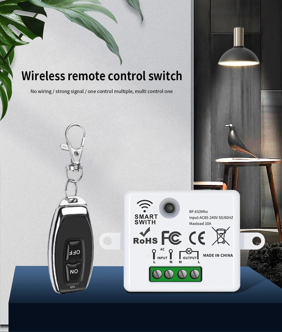Mini Wireless Smart Light Switch with Remote Control RF 433 Mhz Relay Receiver AC 220V 110V Switch Module for Home Led Lamp Fan