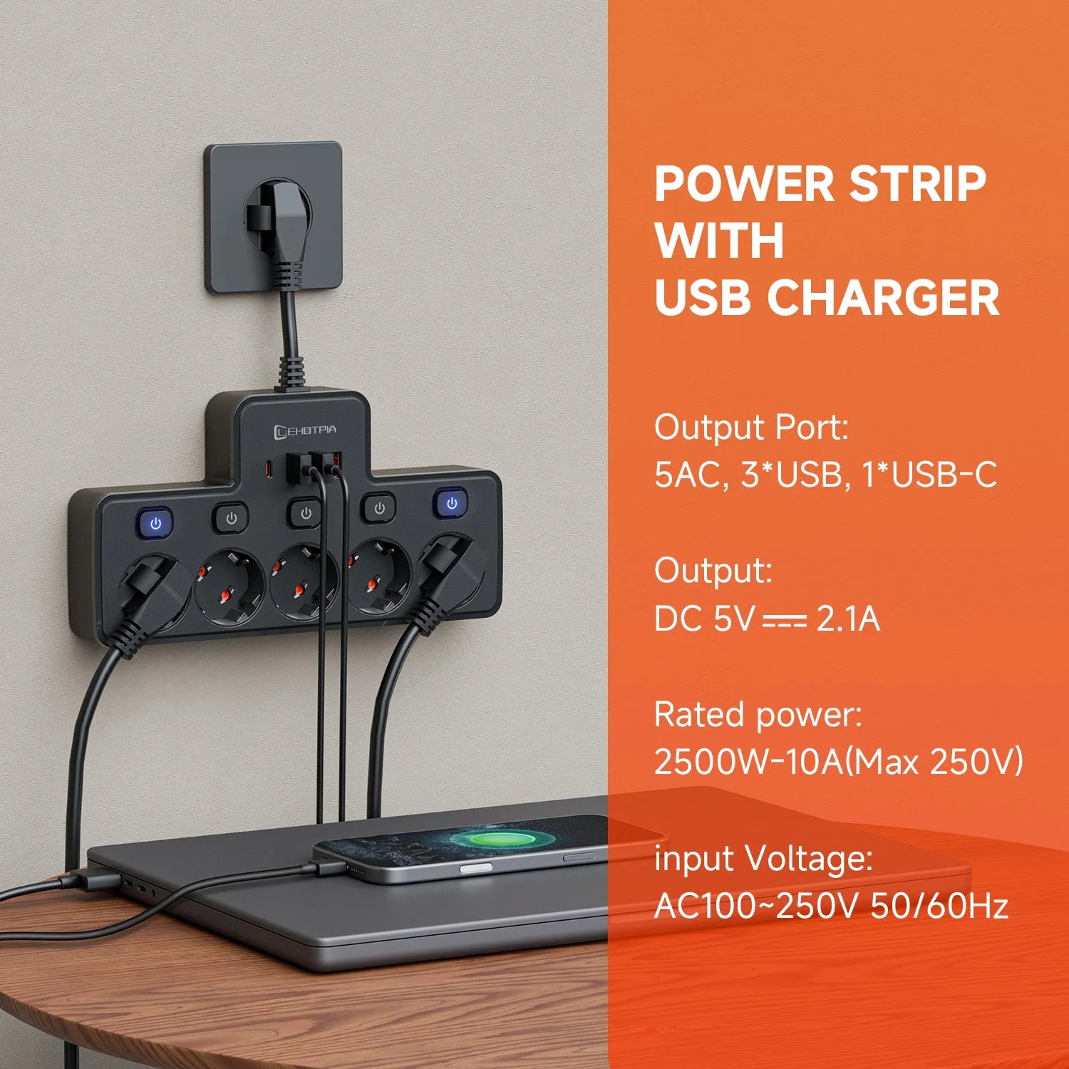 2500W EU AC Plug Power Strip Independent Switch Wall Mounted European Standard Plug Socket Network Filter With USB C Charging