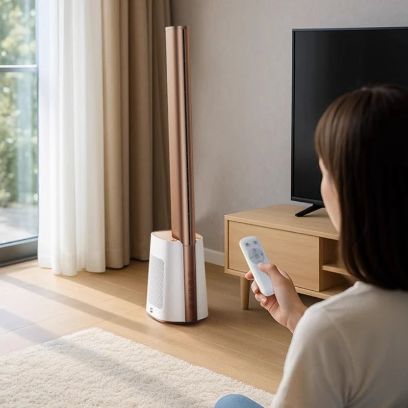Smart Air Purifier Tower Fan with Cooling Mode - Low Noise Floor Standing AC Bladeless Fan for Whole Room Circulation