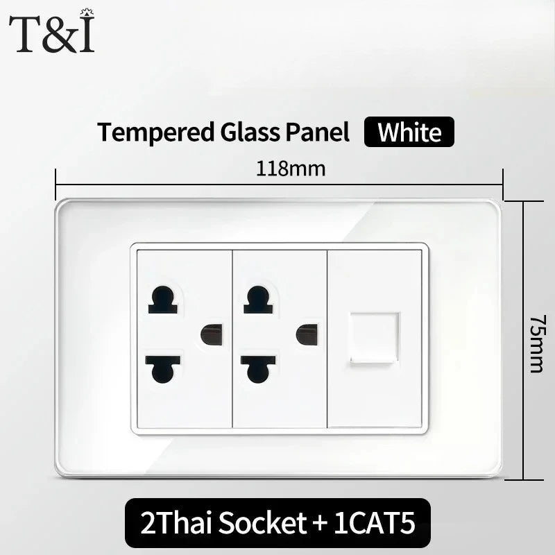 T&I 118*75mm Tempered Glass US Wall Socket White Thai USB Socket Plug with Dual USB Type-C Ports,Light Switch 110V