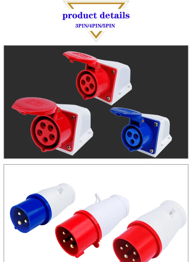 IP44 Industrial Plug and Socket Waterproof Connector 3PIN 4PIN 5PIN 16A/32A  Waterproof Electrical Connection Wall Mount Socket