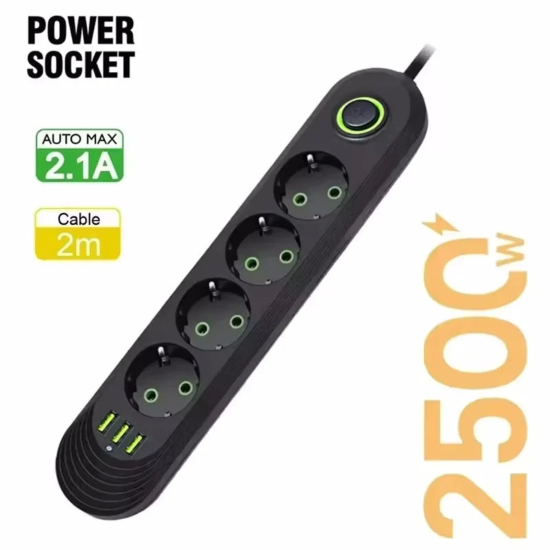 2M Cable EU Plug Power Strip with 3 USB Socket Network Filter Round Pin AC Outlet Ports Extension Cord Electrical Charge Adapter