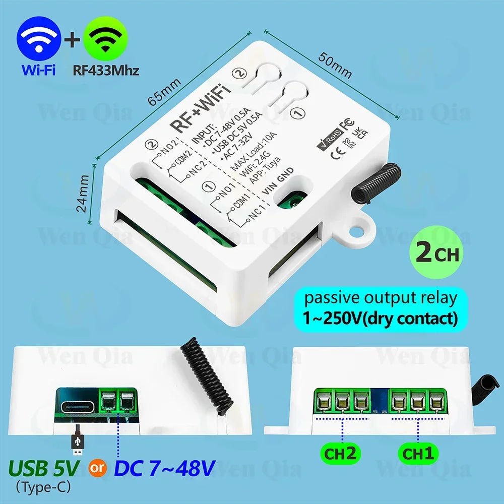 2CH Smart Light Switch Tuya,WiFi & RF Remote Control Module,USB 5V DC 12V 24V 48V,work with Alexa Google Home,for Lamp Fan Motor